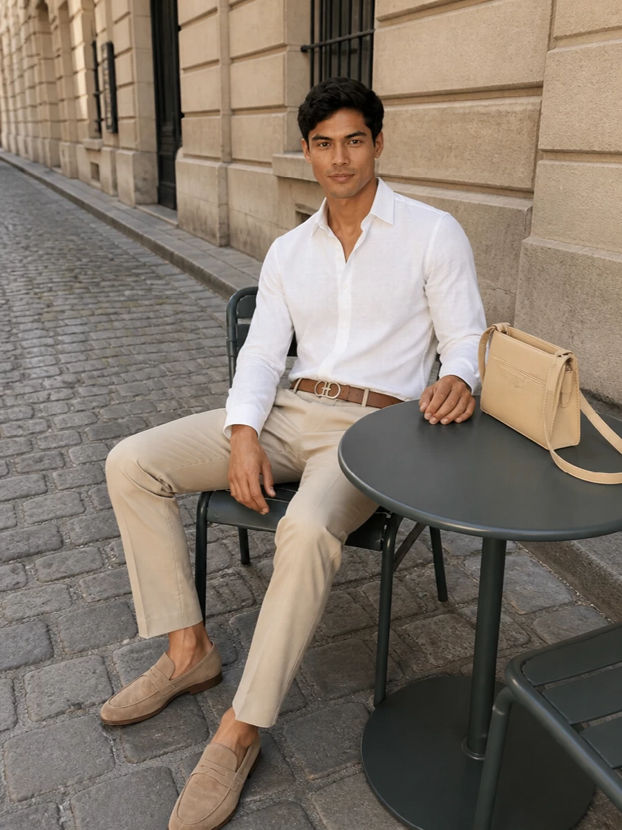 Etro sand chinos white shirt tods loafers