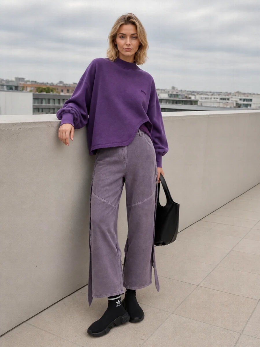 The attico purple sweatshirt cargo pants outfit