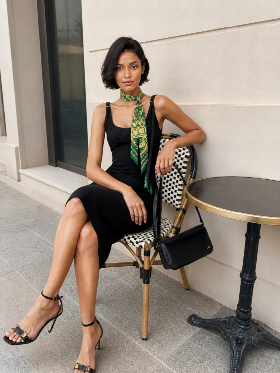 Versace black sheath dress strappy heels outfit