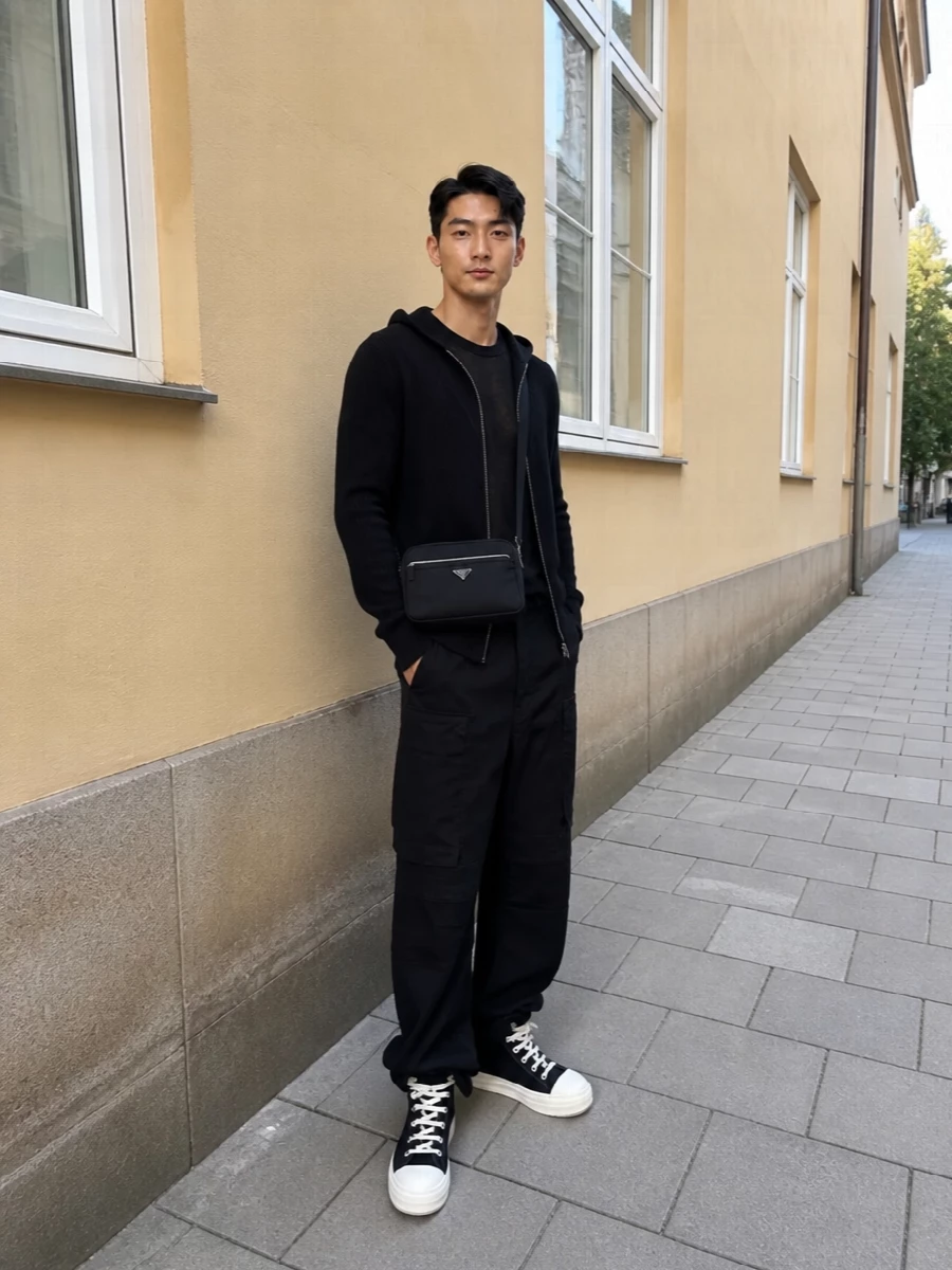 Rick owens black cargo outfit high top sneakers