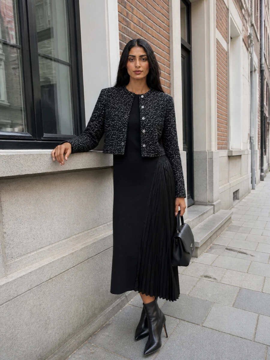 Emporio armani tweed jacket black knit midi dress