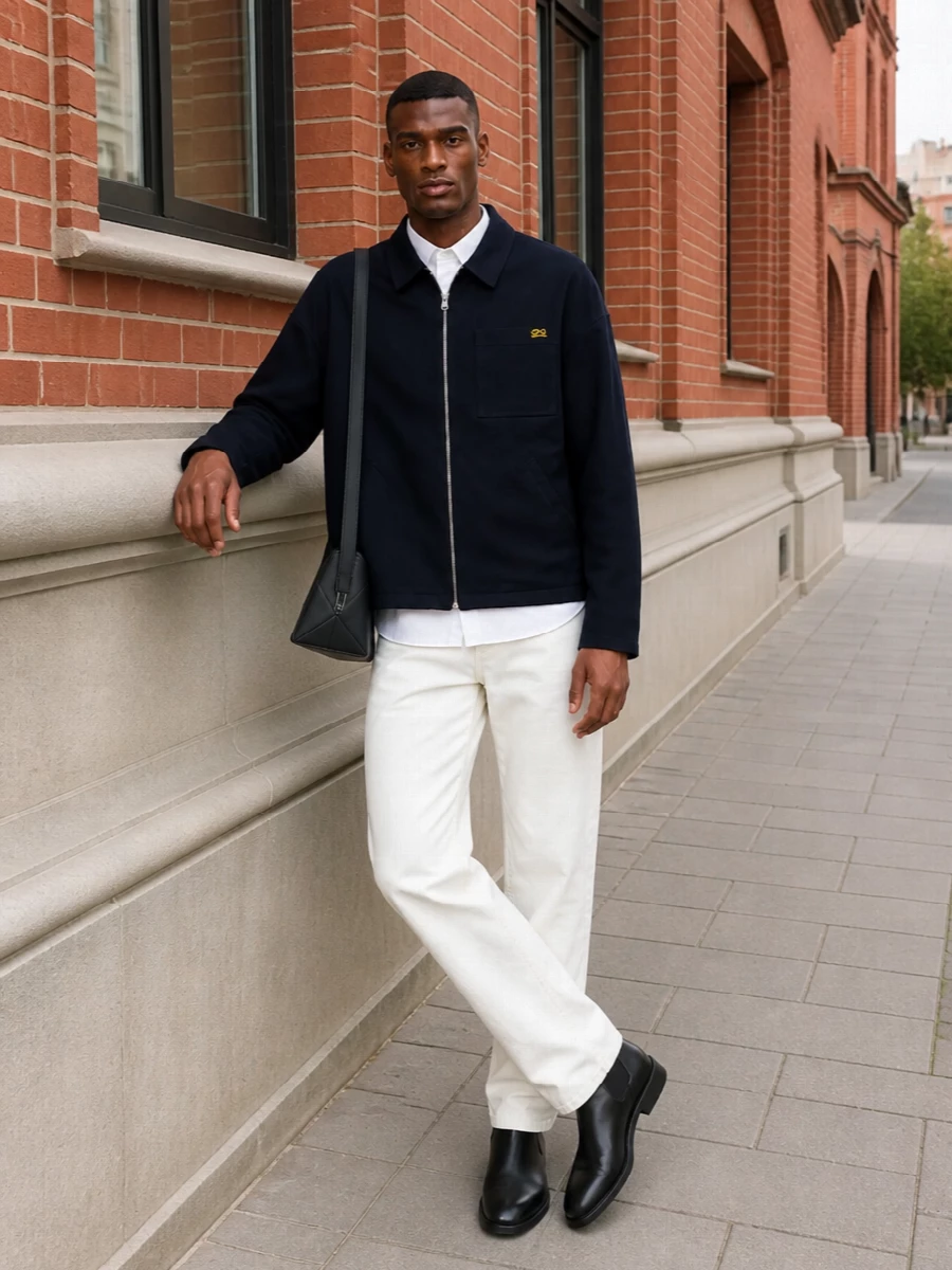 Loewe navy jacket white shirt off white jeans