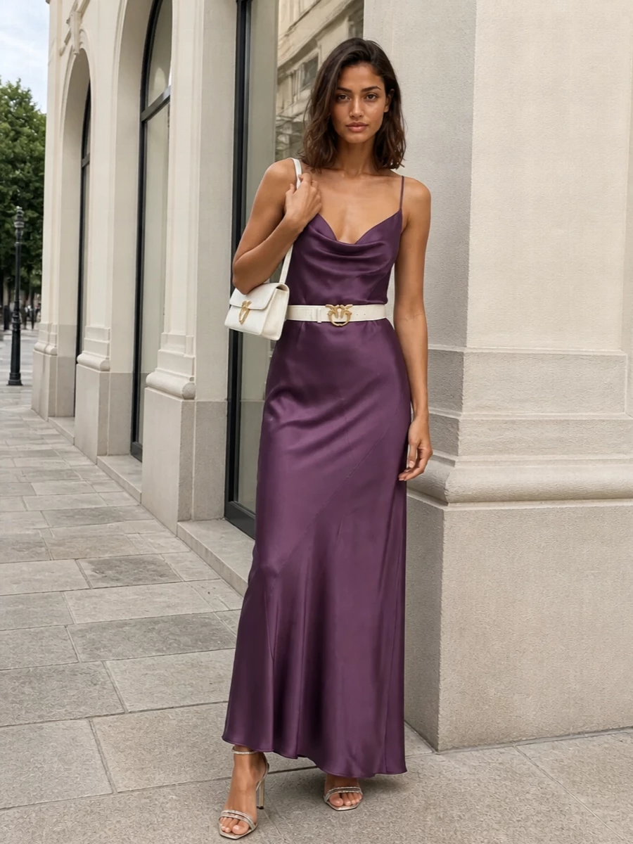 Pinko plum satin slip dress ivory accessories