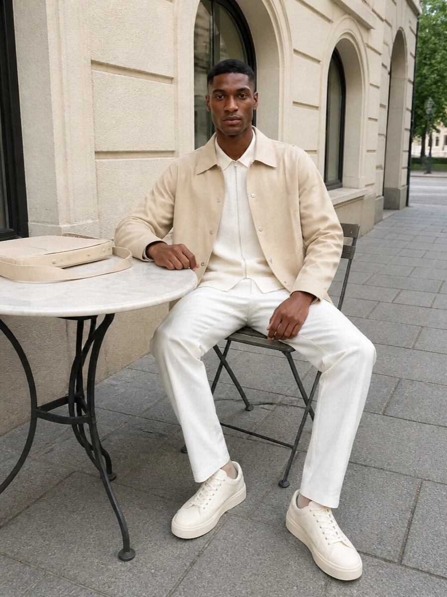 Jil sander beige jacket cream trousers outfit