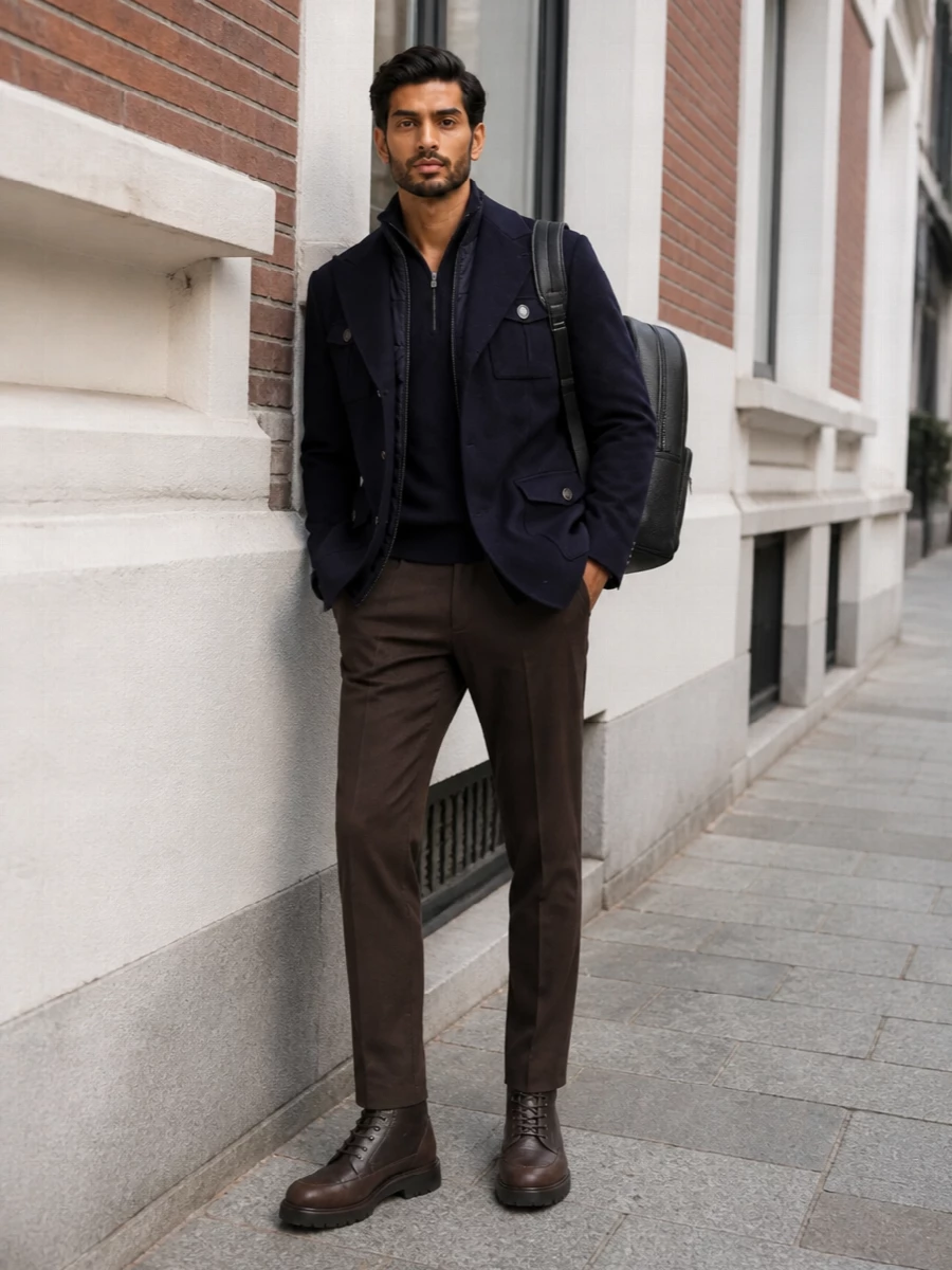 Brunello cucinelli navy blazer brown chinos outfit