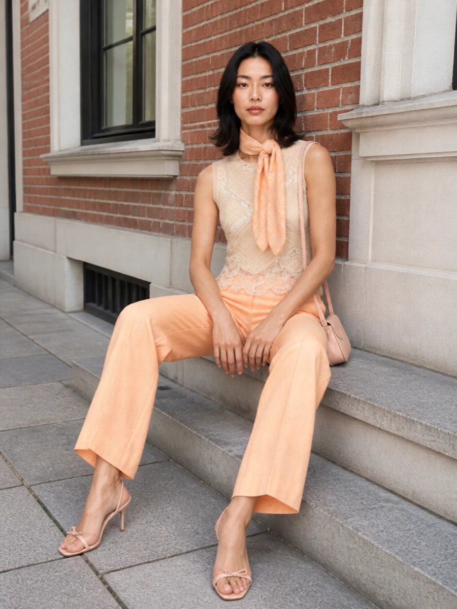 Ermanno scervino peach trousers lace tank outfit