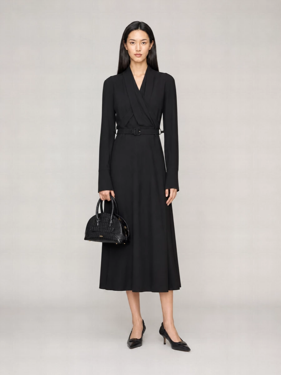 Patou Draped Belted V-Neck Long-Sleeve Midi Dress