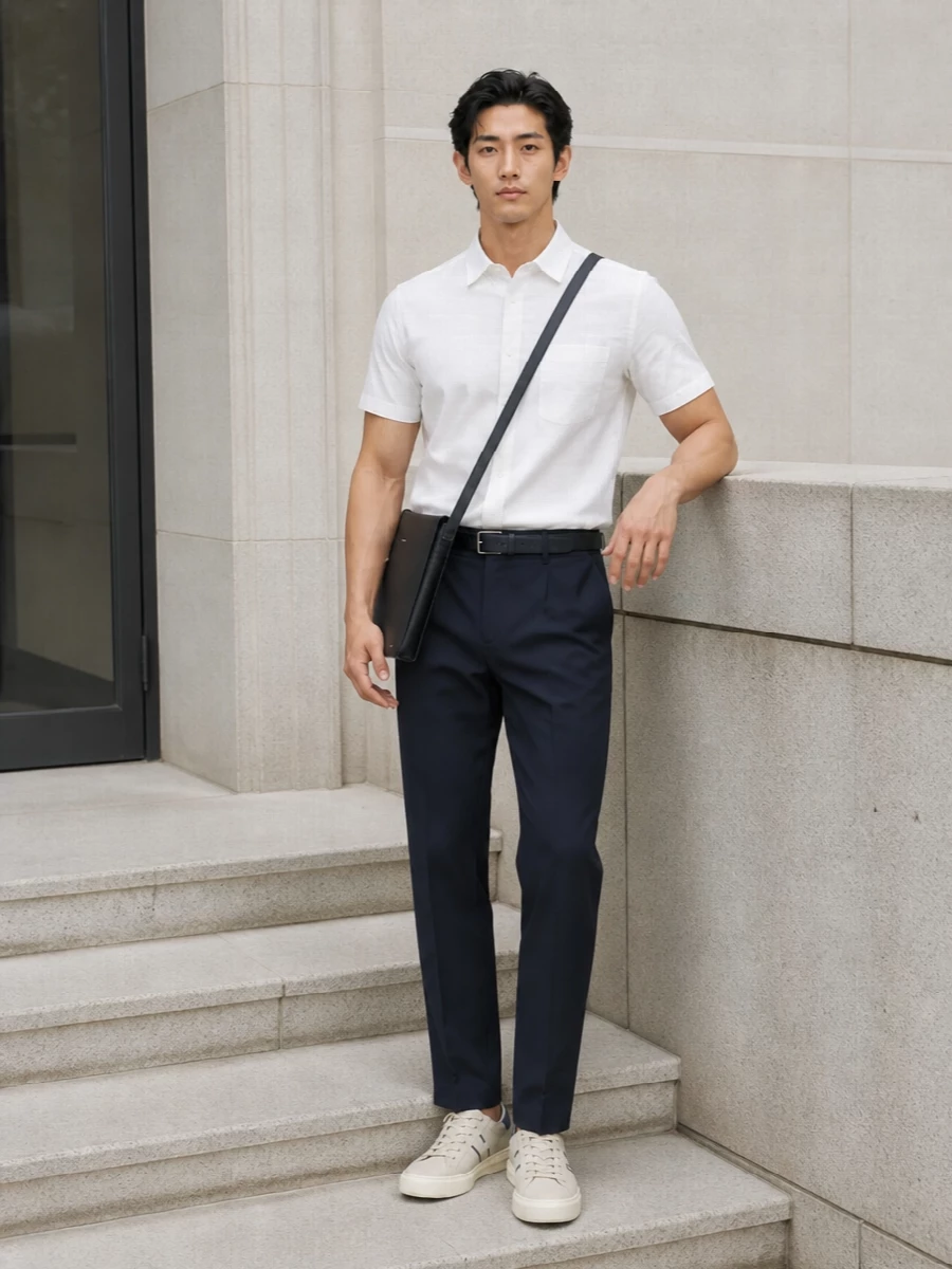 Herno navy trousers white shirt taupe sneakers
