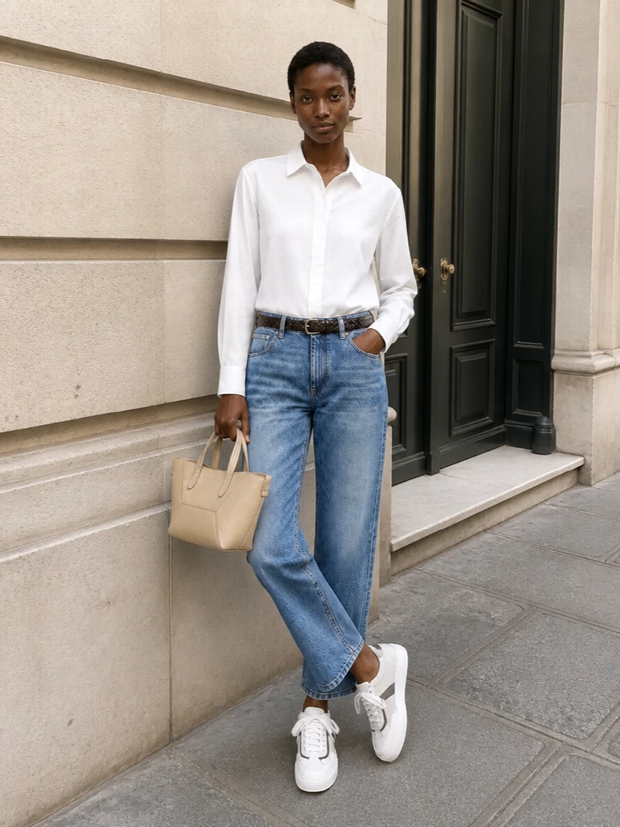 Straight-leg faded Brunello jeans are paired with an immaculate soft-white shirt for a crisp, effortless take on daytime tailoring. Optic-white sneakers keep the mood relaxed yet polished, while a light-beige structured tote and dark-brown braided belt add quiet structure and warmth without disturbing the serene palette. The result is an easy SS uniform that feels luxuriously understated from brunch to city errands.
