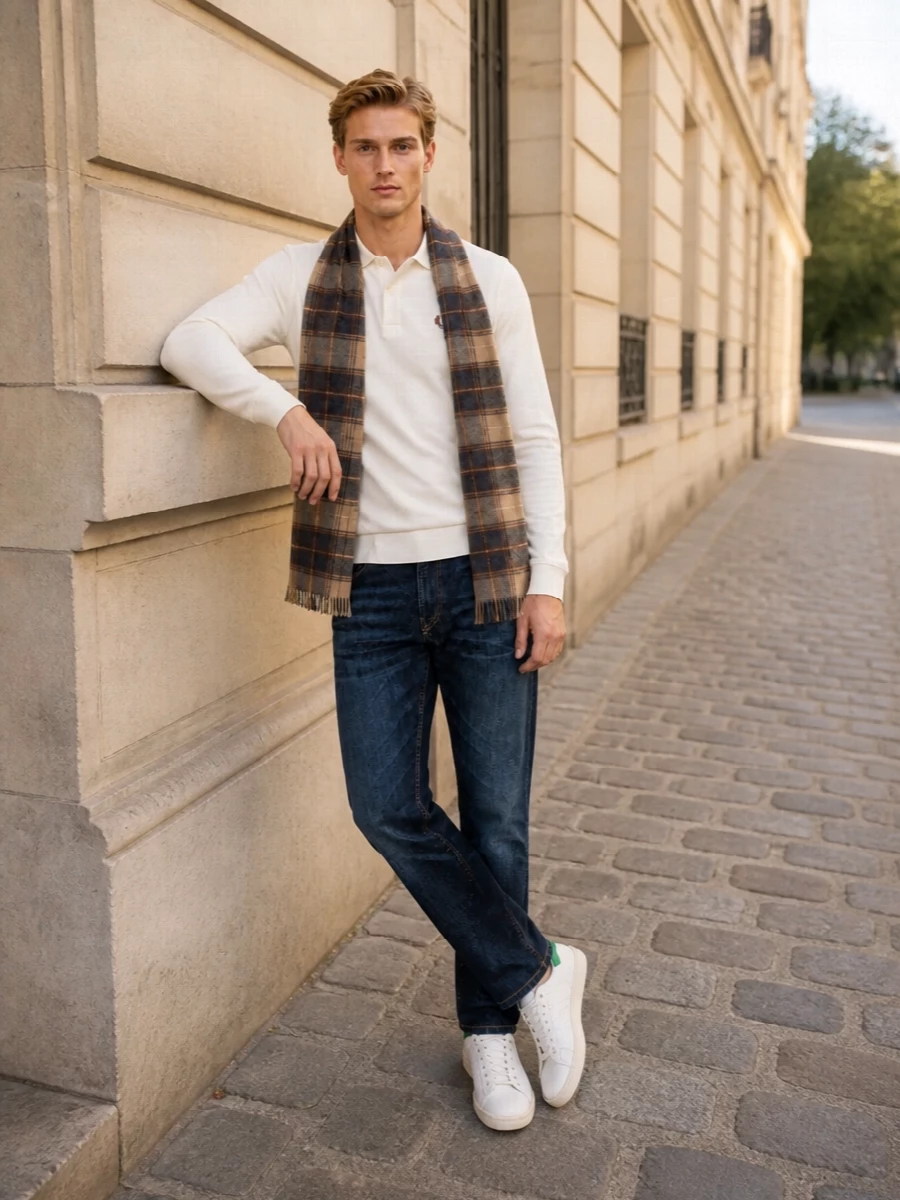 An off-white polo sits against dark indigo denim for a clean, sport-preppy base that still reads put together. Off-white court sneakers keep the line light and minimal, while the canvas tote and soft tartan scarf add just enough collegiate character without disrupting the calm palette. It is an easy, regular-cut silhouette that feels ready for city days, coffee runs, and casual dinners alike.