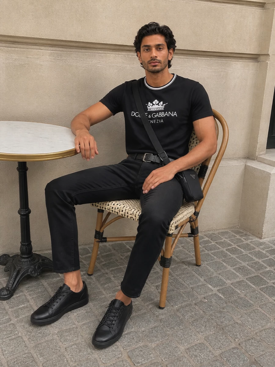 Dolce gabbana logo tee black jeans outfit