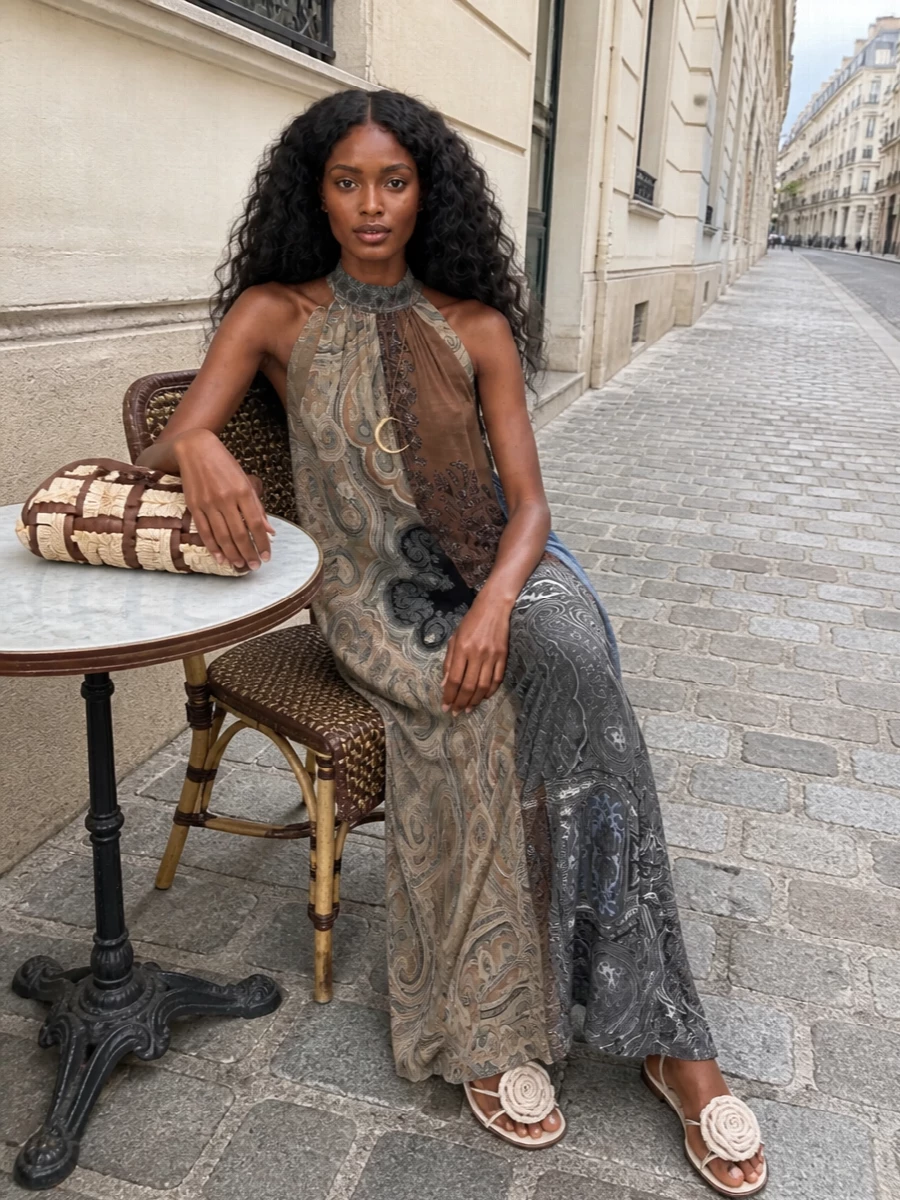 A fluid paisley halter maxi stays centre stage, grounded with neutral lace-up sandals and a sculptural woven clutch in warm browns. The textures stay tactile and earthy, so all the interest lives in movement and mixed pattern, not in shouting accessories.