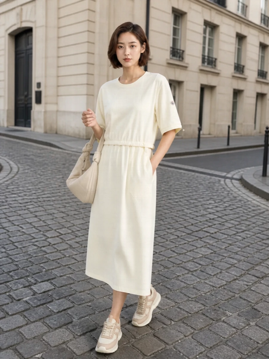 Moncler ivory midi dress sneakers outfit