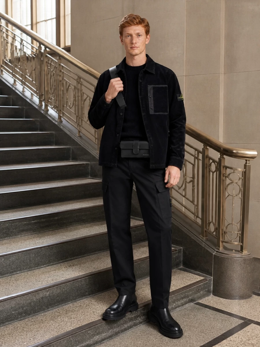 Stone island black cord jacket cargo outfit