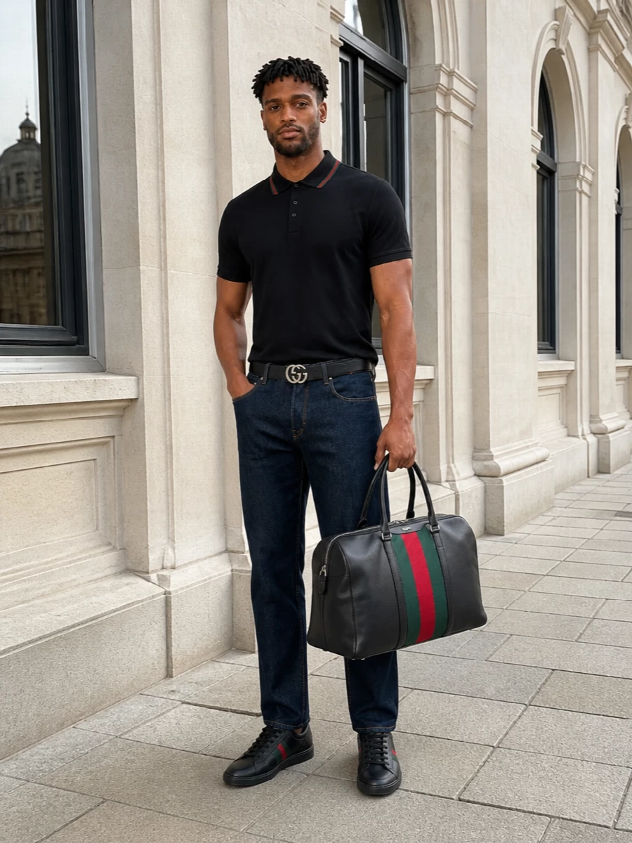 Gucci polo dark indigo jeans black sneakers