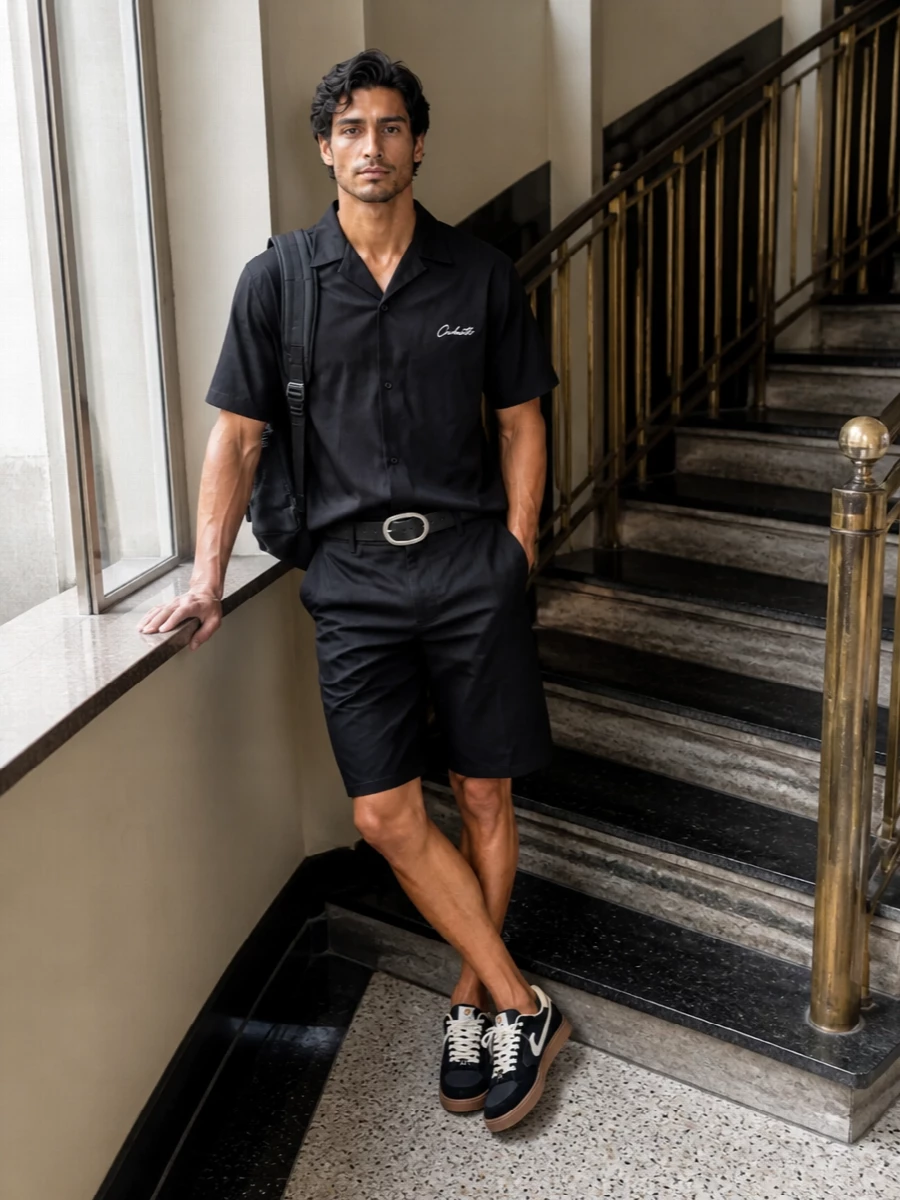 Carhartt black shorts camp shirt off white sneakers