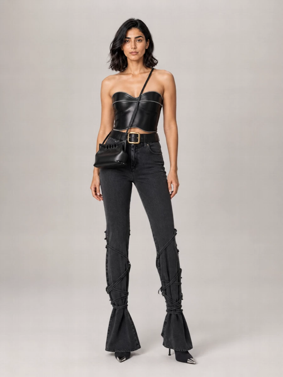 Alexander Mcqueen Denim Asymmetric Knotted Flared Trousers
