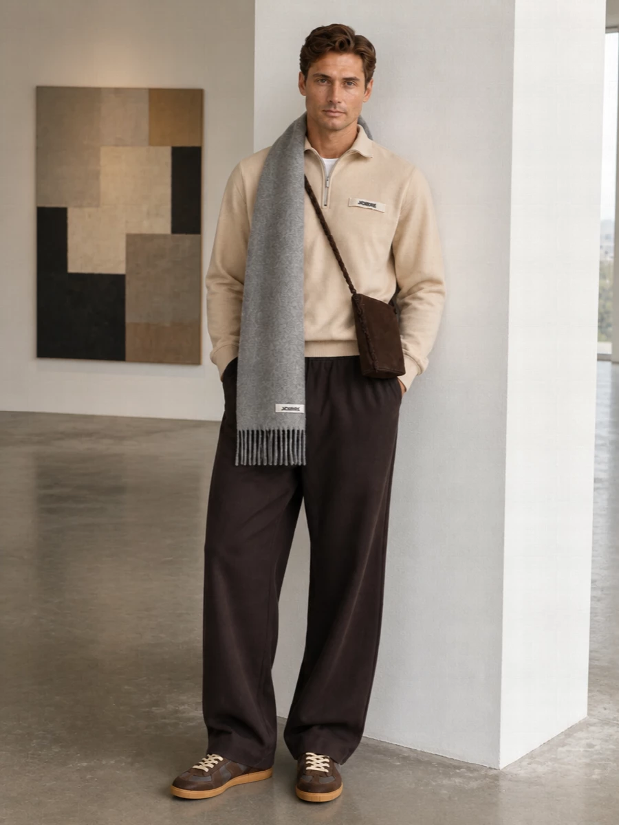Jacquemus wide leg trousers beige half zip brown trainers