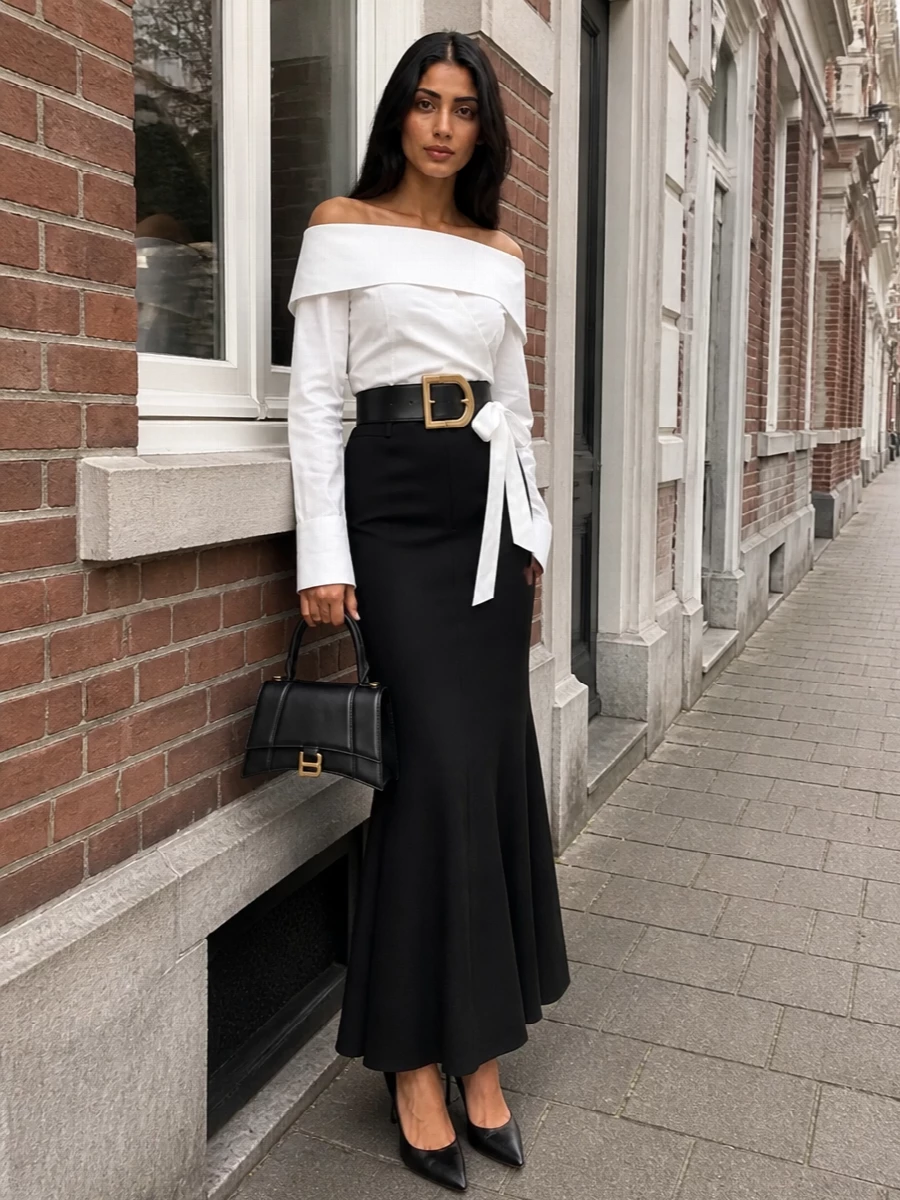 Balenciaga off shoulder shirt black maxi skirt