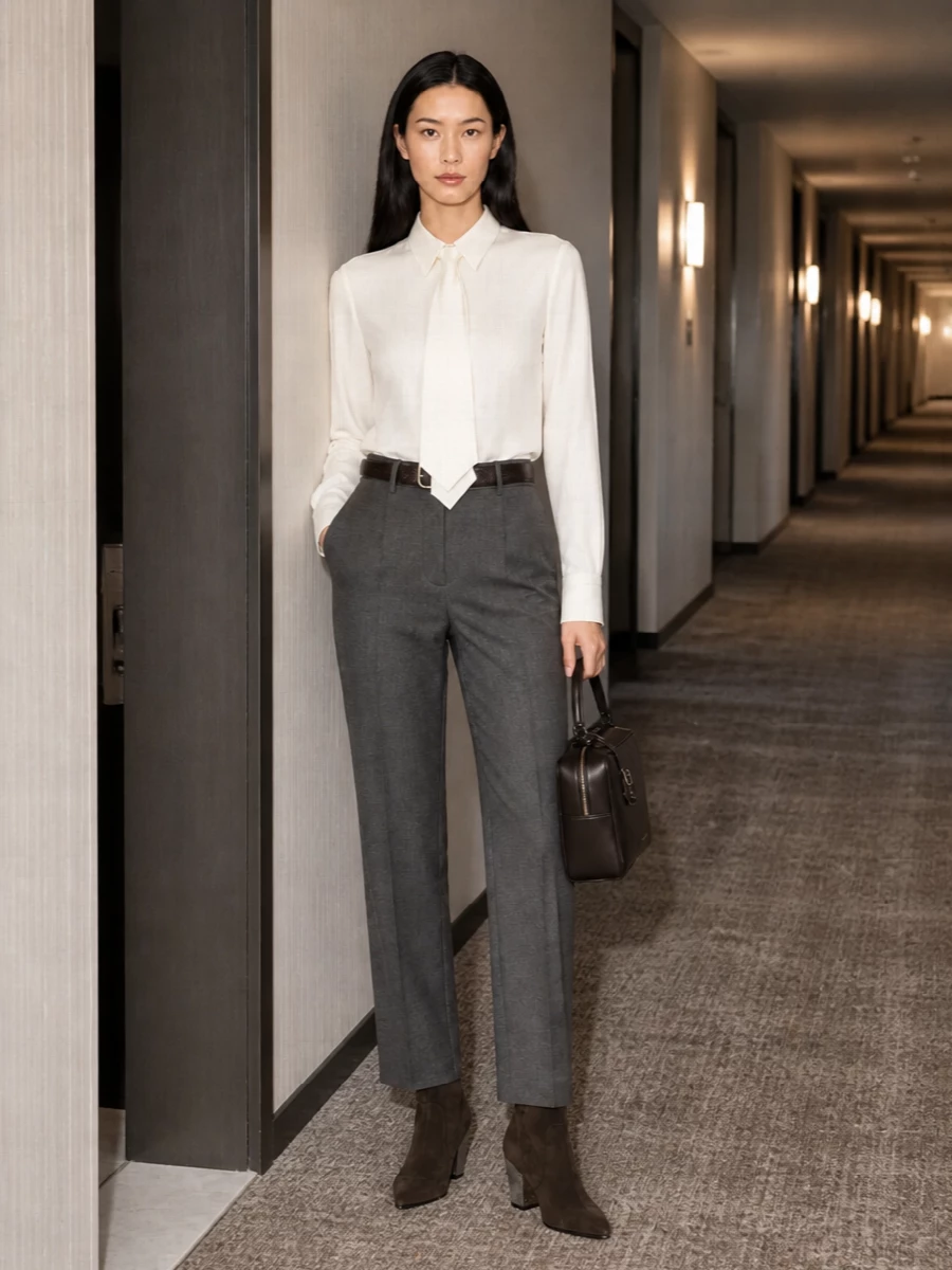 An ivory tie-front shirt is anchored with high-waisted charcoal tailoring for a long, precise line that reads confident without feeling severe. Espresso suede boots and a structured box bag deepen the palette just enough, keeping everything in the realm of soft neutrals. A slim chocolate belt sharpens the waist and lets the fluid drape of the shirt stay in focus from meeting to dinner.