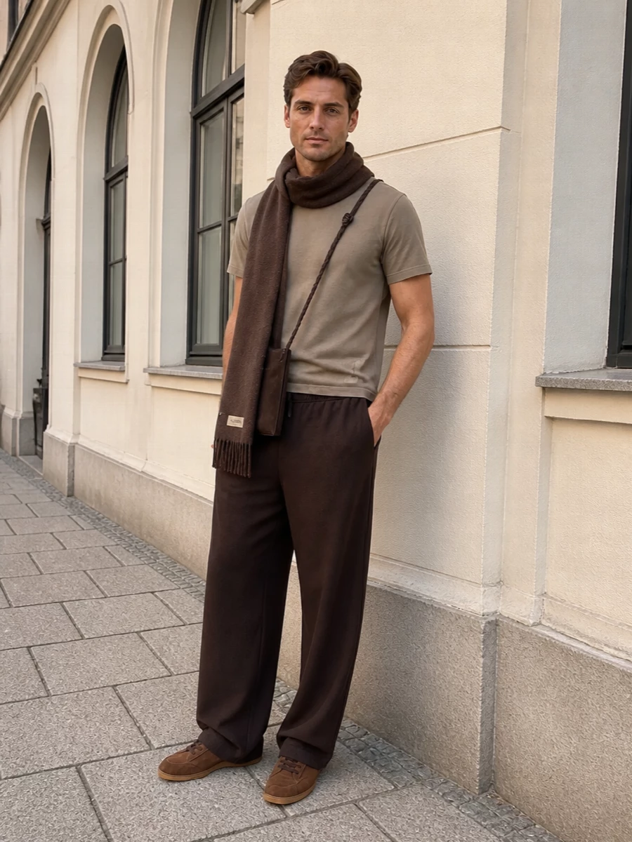 Jacquemus taupe tee brown wide leg pants style