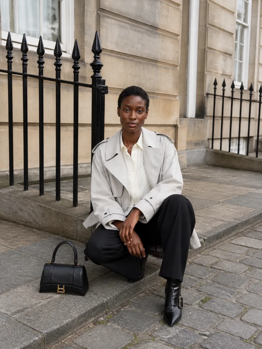Balenciaga trench wide leg trousers outfit