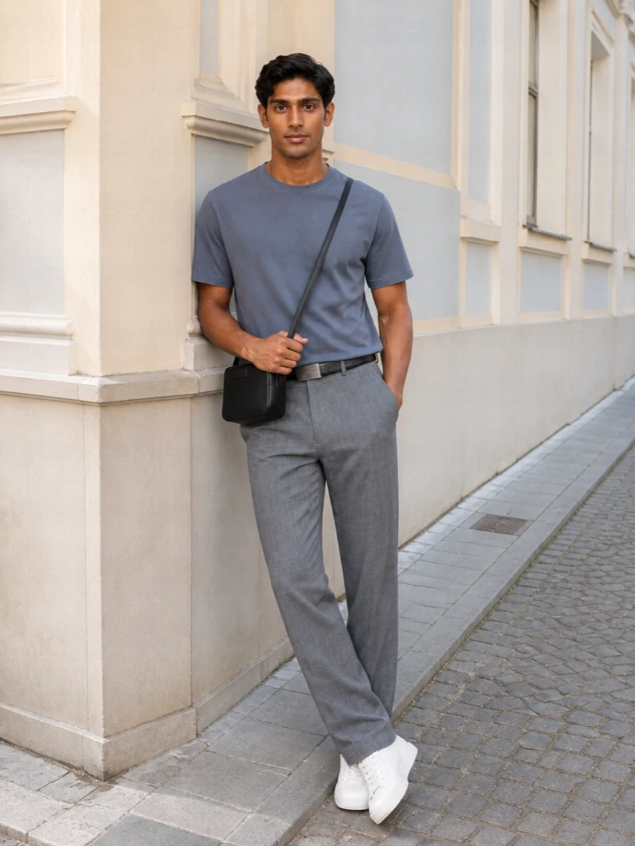Slate blue with slate check keeps everything in a cool, quiet register, so the tee and trouser feel relaxed but still considered. Clean white and grey sneakers echo the softness of the palette, while the compact black crossbody and slim belt add just enough structure to make this ready for city days and low-key evenings alike.