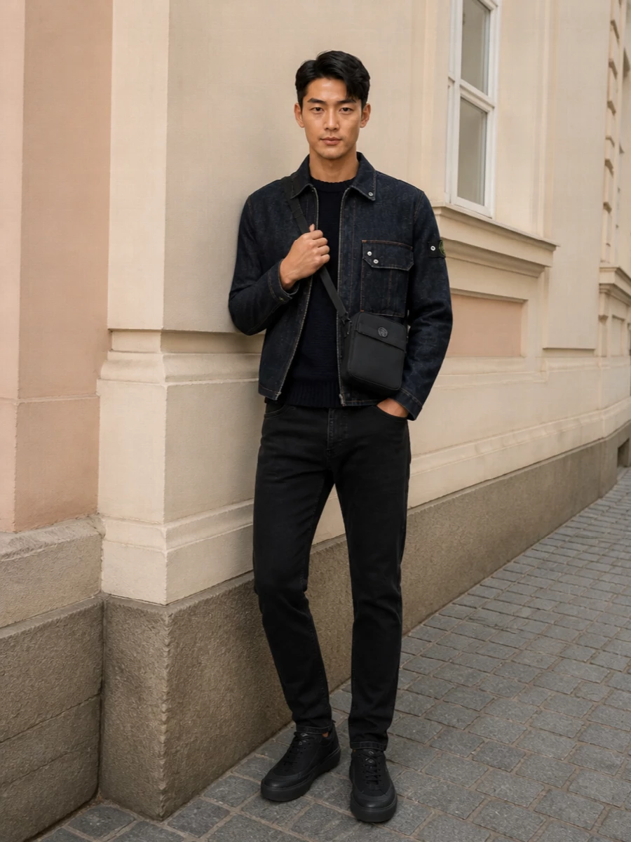 Stone island denim overshirt black jeans outfit