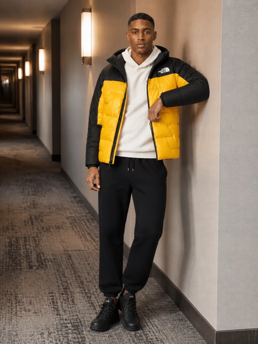 Bold alpine yellow meets urban black in a tight, technical story built around The North Face icons. The cream hoodie warms up the palette, while clean black joggers and hiker-sneakers keep the lines streamlined and practical. A matching alpine duffel turns the whole outfit into a ready-to-go travel uniform that reads modern, graphic and genuinely performance driven.