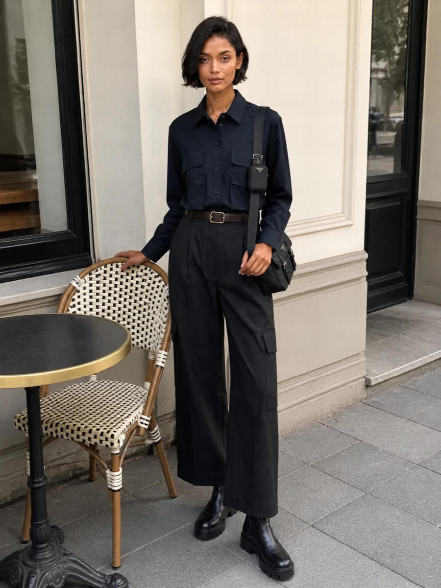 Parosh cargo trousers navy shirt prada boots