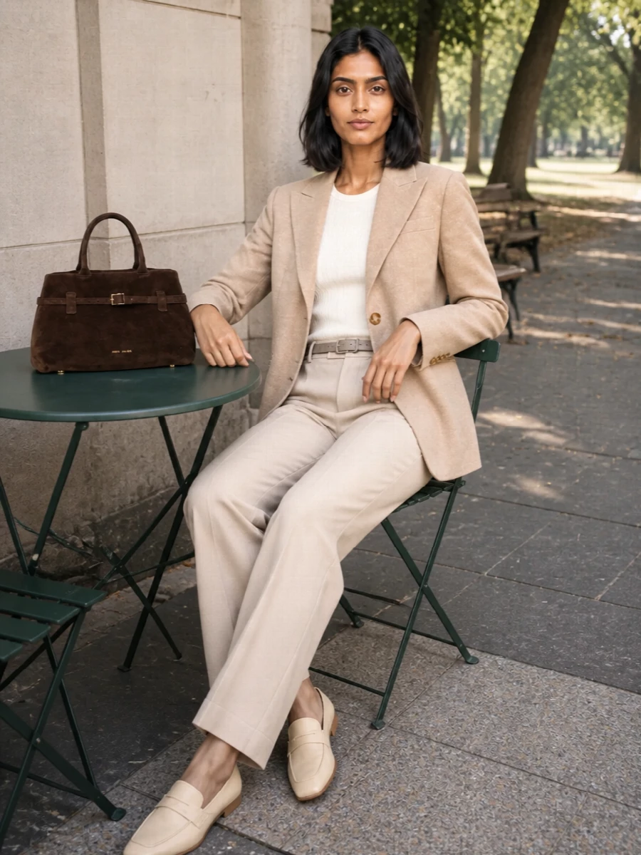 Le sully studio beige trousers camel blazer outfit