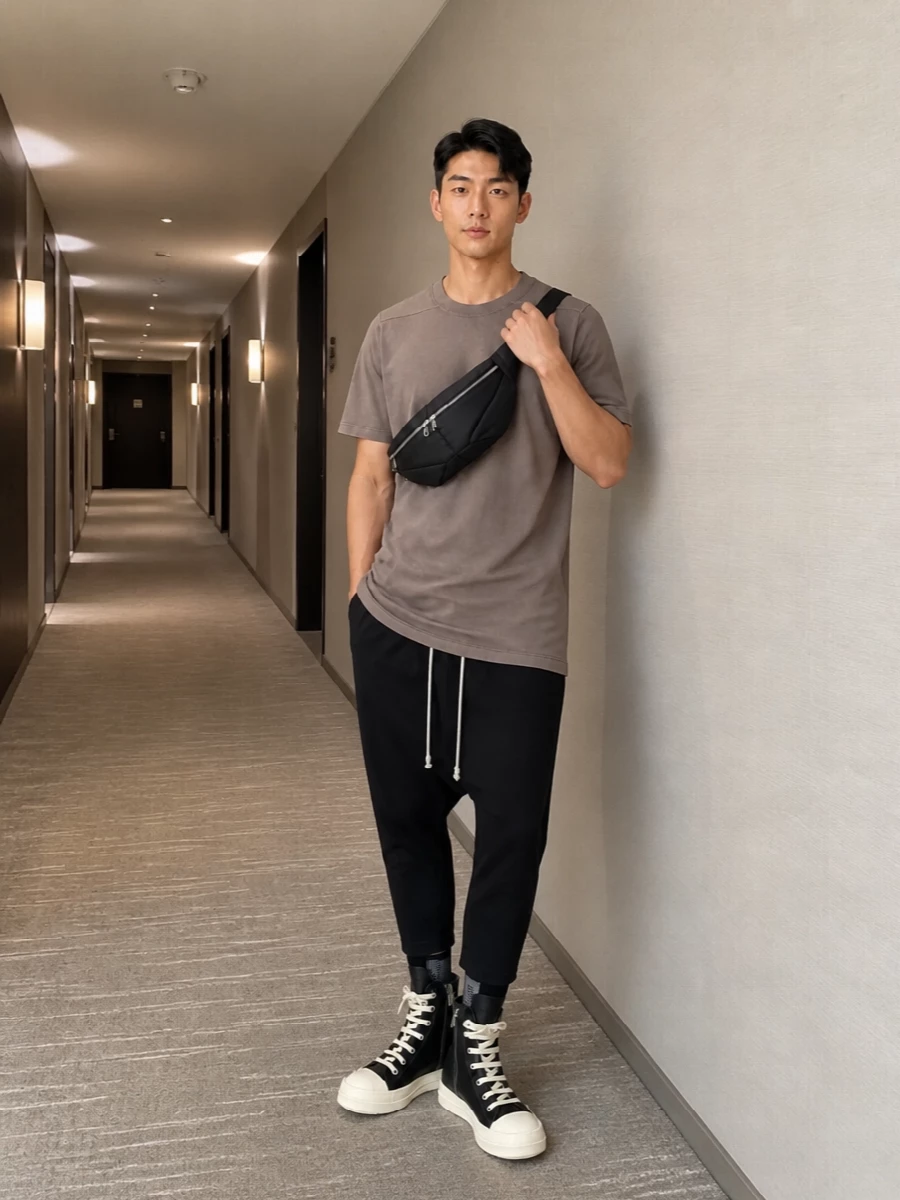 Rick owens taupe longline tee black drop crotch
