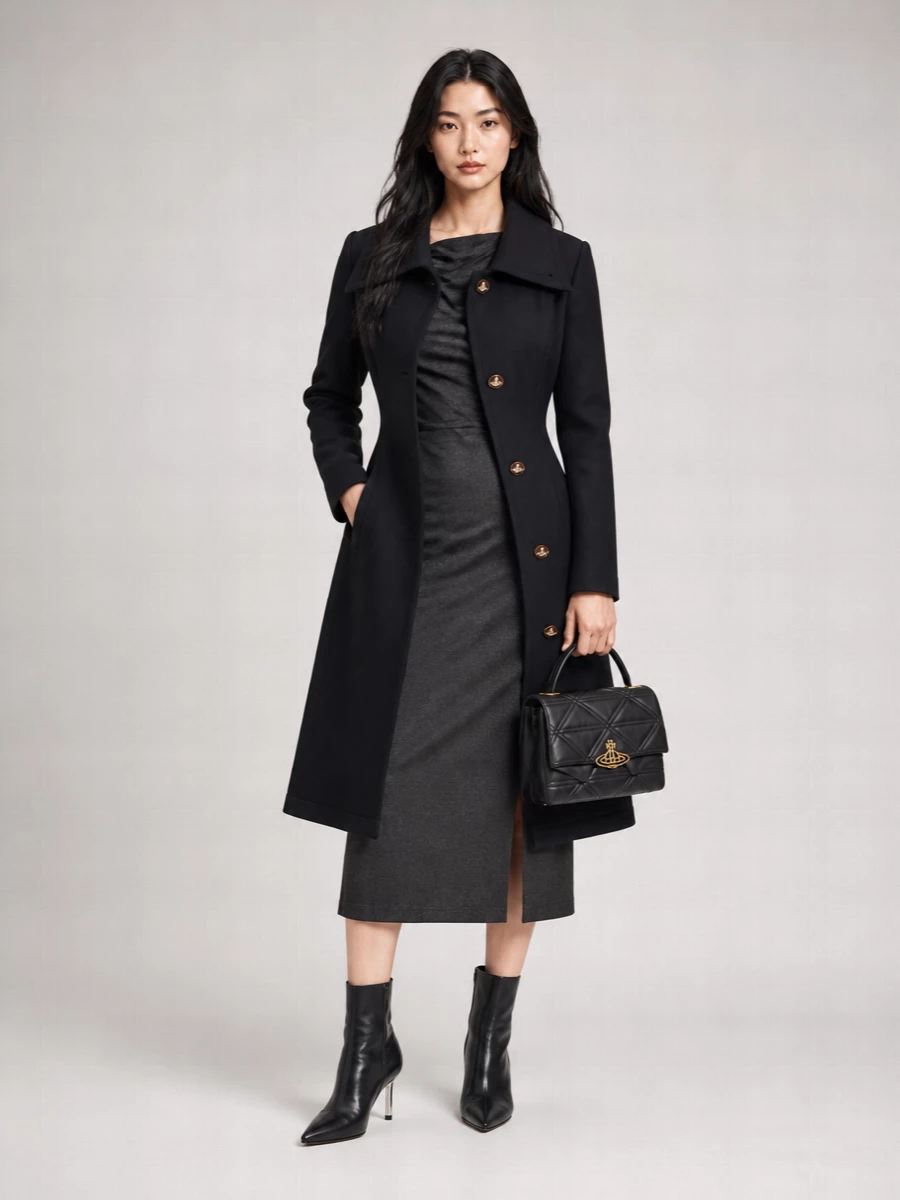 Vivienne Westwood Virgin Wool Cashmere Asymmetric Long-Sleeve High-Collar Coat