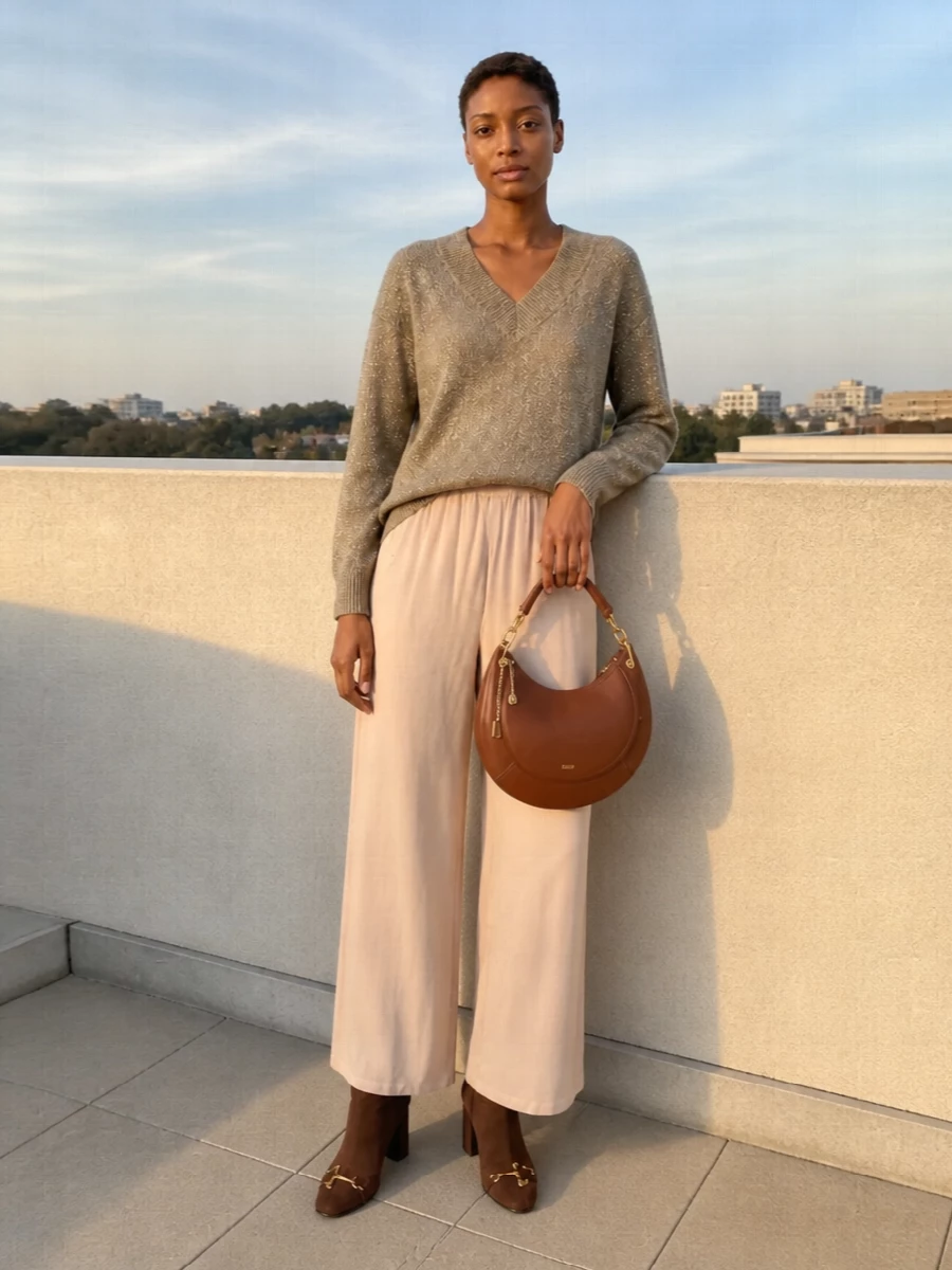 A shimmery taupe V-neck knit slips over fluid beige wide-leg trousers for a tonal column that feels relaxed yet ready for dinner. Chocolate sock boots ground the softness with a clean, modern line, while the chestnut crescent bag quietly ties the warm neutrals together. The result is an understated, luminous outfit that moves easily from day to low-key evening.
