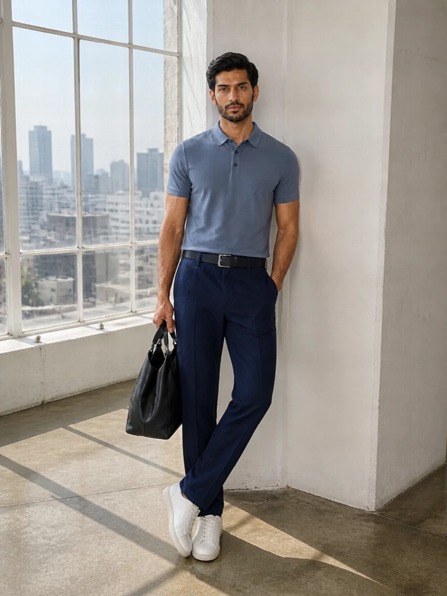 Slate blue and navy play together here in a clean, tailored way that feels calm yet intentional for warm days in the city. The straight leg anchors the regular-fit polo, while the off-white sneaker keeps everything light and modern. A structured black tote and slim navy belt finish it with that understated, boardroom-to-brasserie ease.
