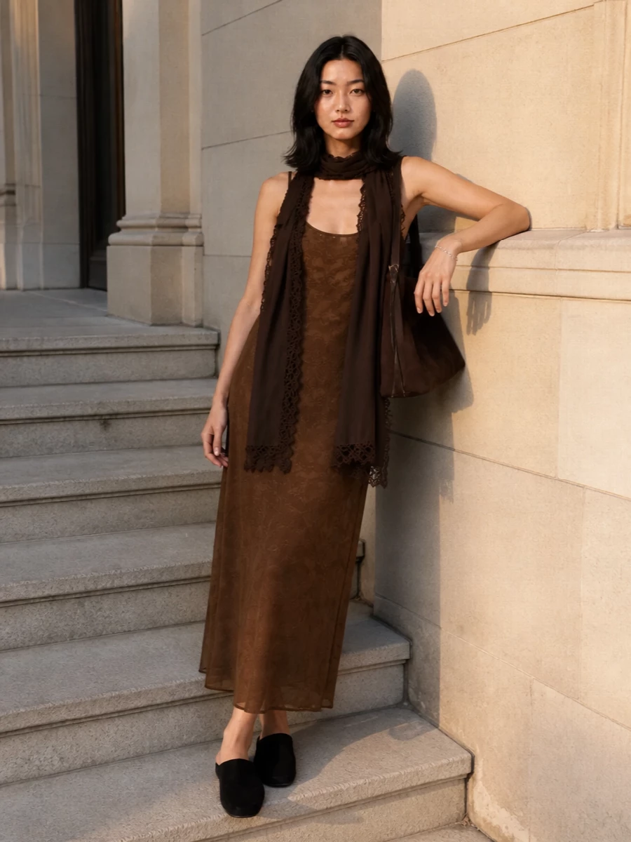Uma wang brown slip dress alaia suede bag