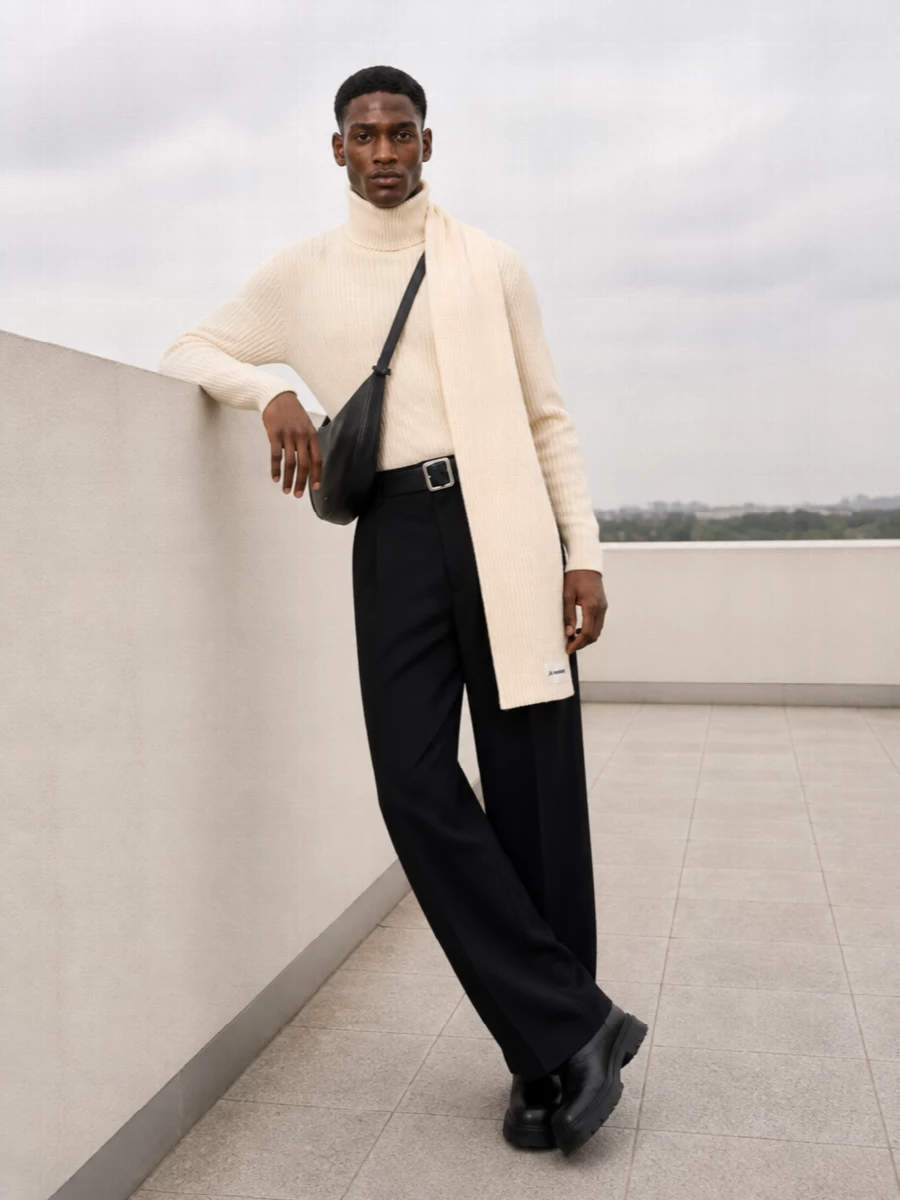 Jil sander cream turtleneck black wide leg trousers