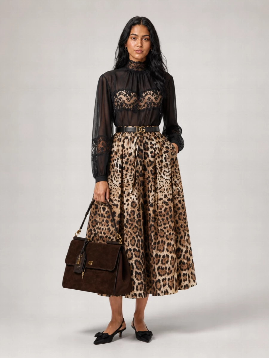 A study in Sicilian glamour, this pairing lets the leopard skirt command attention while the sheer black blouse and matching slingbacks add controlled, after-dark seduction. Deep chocolate leather at the hand and a slim DG belt at the waist bring structure and richness, keeping the drama focused and intentional for cocktails or a dressed-up city evening.