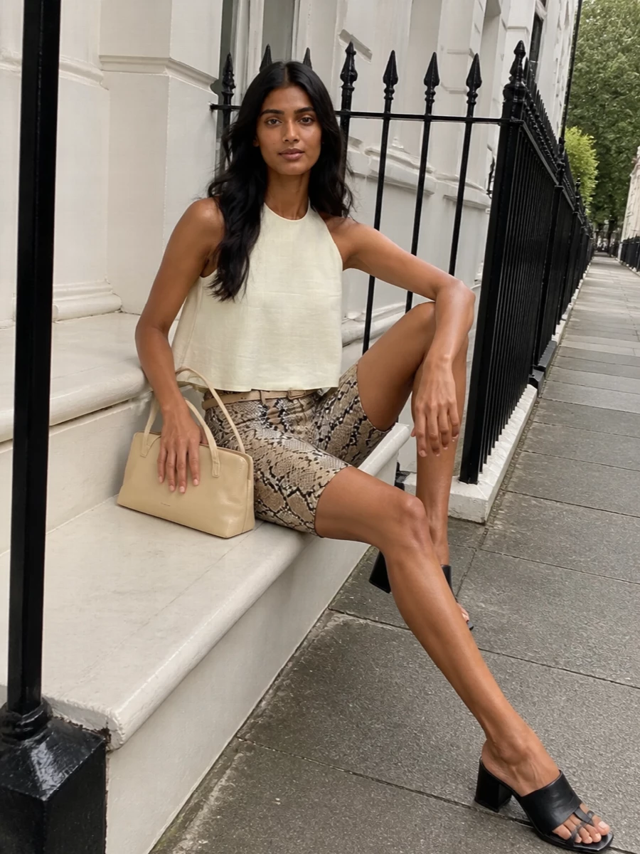 Jil sander snakeskin shorts cream halter black heels