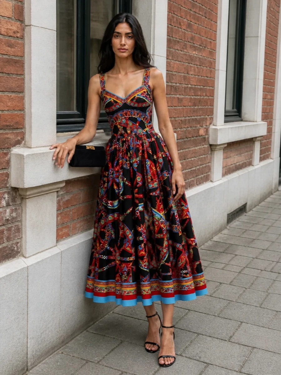 Dolce gabbana cart print midi dress evening style