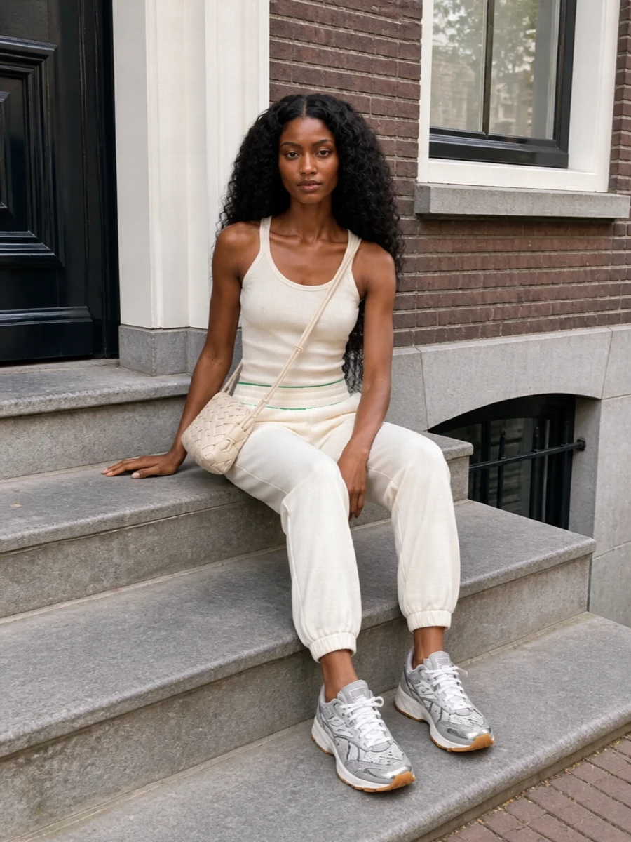 Bottega veneta runners ivory joggers tank outfit