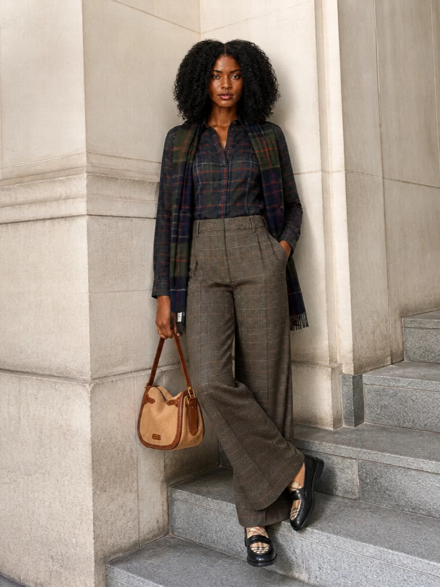 Burberry shirt checked wide leg trousers outfit