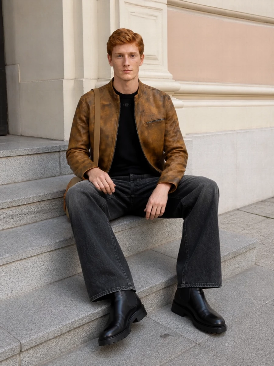 Diesel leather jacket black jeans boots outfit