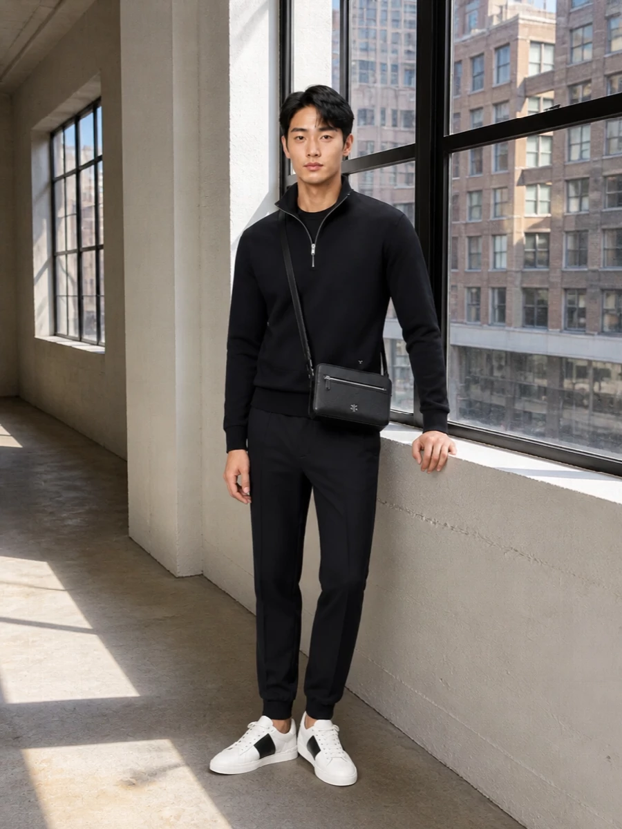 Monochrome and disciplined, this pairing sits right between tailored and athletic, which is exactly where that Valentino half‑zip lives best. The Lardini knit and Valentino track pant create a clean column of black, broken only by the sharp band of the sneakers and a discreet leather crossbody. It is the kind of uniform that can move from a low-key office to late city walks without ever feeling under or overdressed.