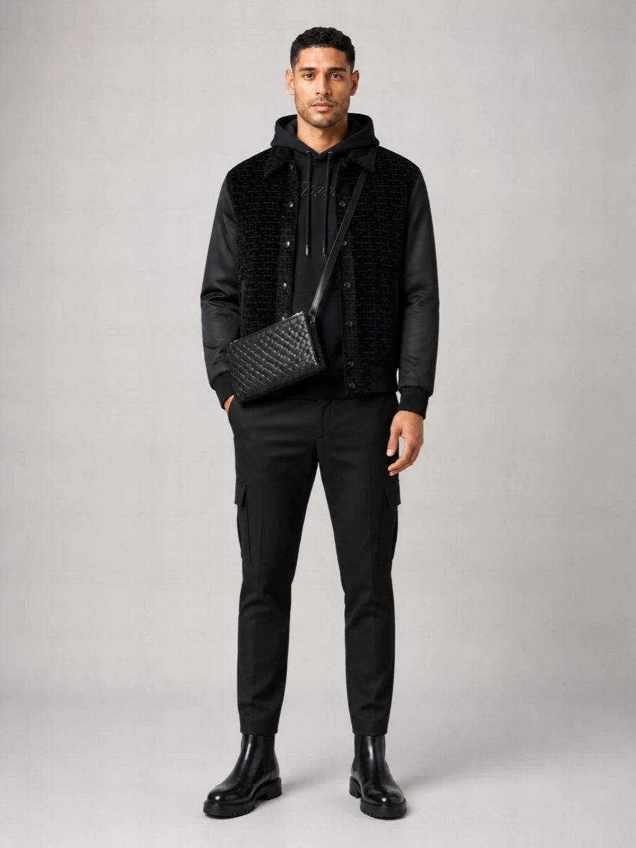 Balmain velvet, McQueen cargo and Margiela lugged Chelseas create a monochrome city uniform that feels plush but controlled. The Lanvin hoodie keeps the energy grounded in streetwear, while the Bottega crossbody adds a quiet, tactile hit of luxury. It is a sharp after-dark mix for bars, galleries and late dinners where black on black does the talking.