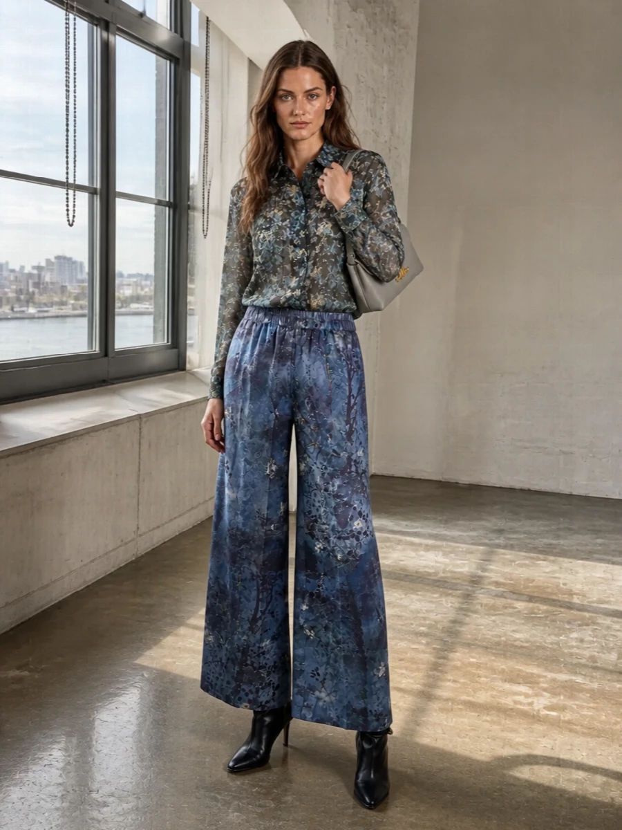 Dries Van Noten’s sheer floral shirt pairs with the misty wide-leg trouser for a tonal, romantic column of blue that feels poetic rather than precious. Slouchy black stiletto boots ground the fluid layers with just enough edge, while the sculpted taupe Celine bag keeps the mood quietly composed. It is an artful, boho-leaning evening ensemble that reads modern and considered from gallery doors to late dinners.