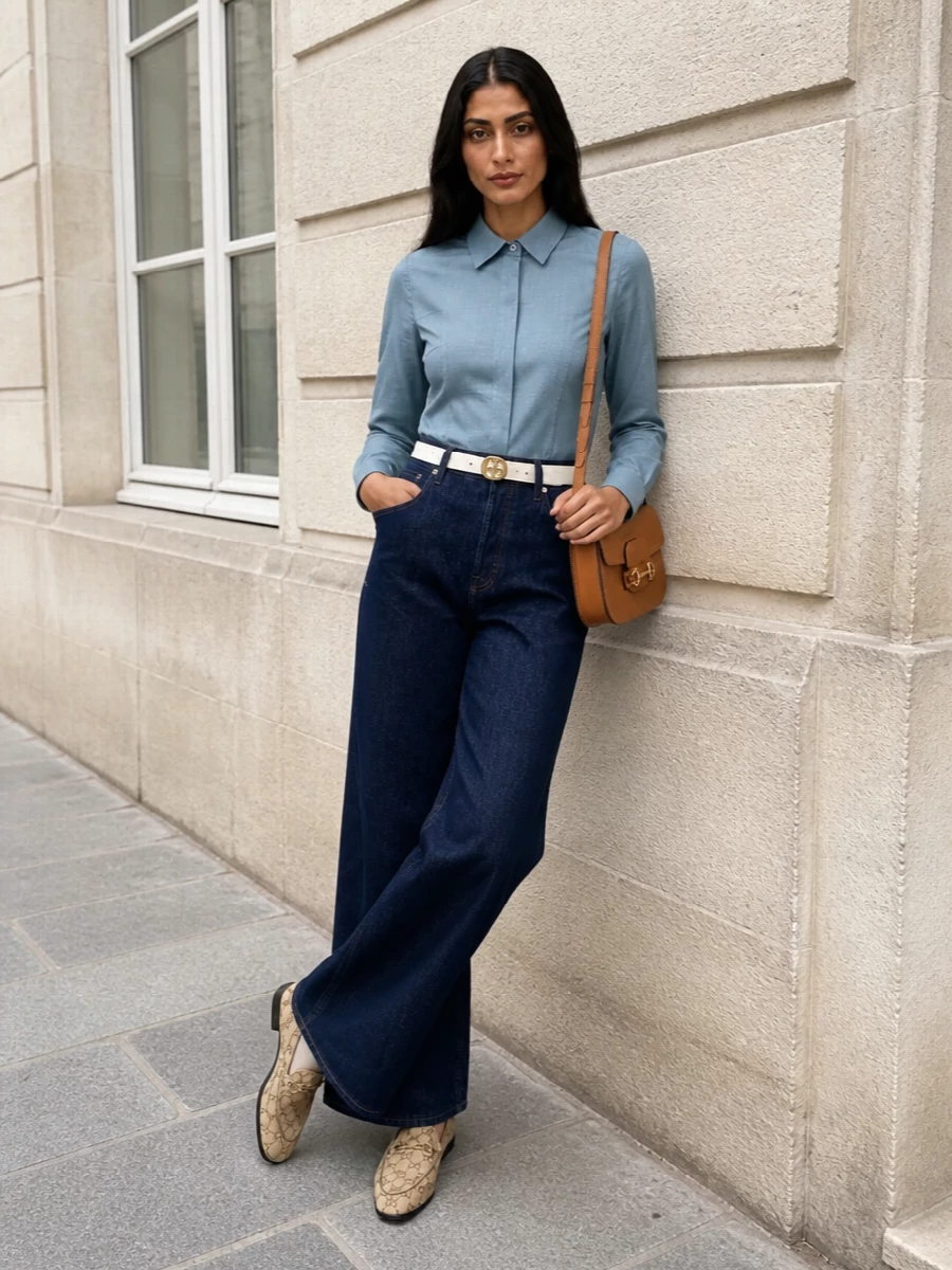 Dark-indigo wide-leg Gucci denim is paired with a precisely cut dusty-blue shirt for a long, clean line that feels effortless yet considered. GG-canvas loafers and a cognac horsebit shoulder bag introduce warm, polished accents, while a slim reversible belt quietly defines the waist and unifies the neutral leather tones. The result is a modern SS uniform that moves easily from gallery afternoons to understated dinners with assured, quiet-luxury refinement.