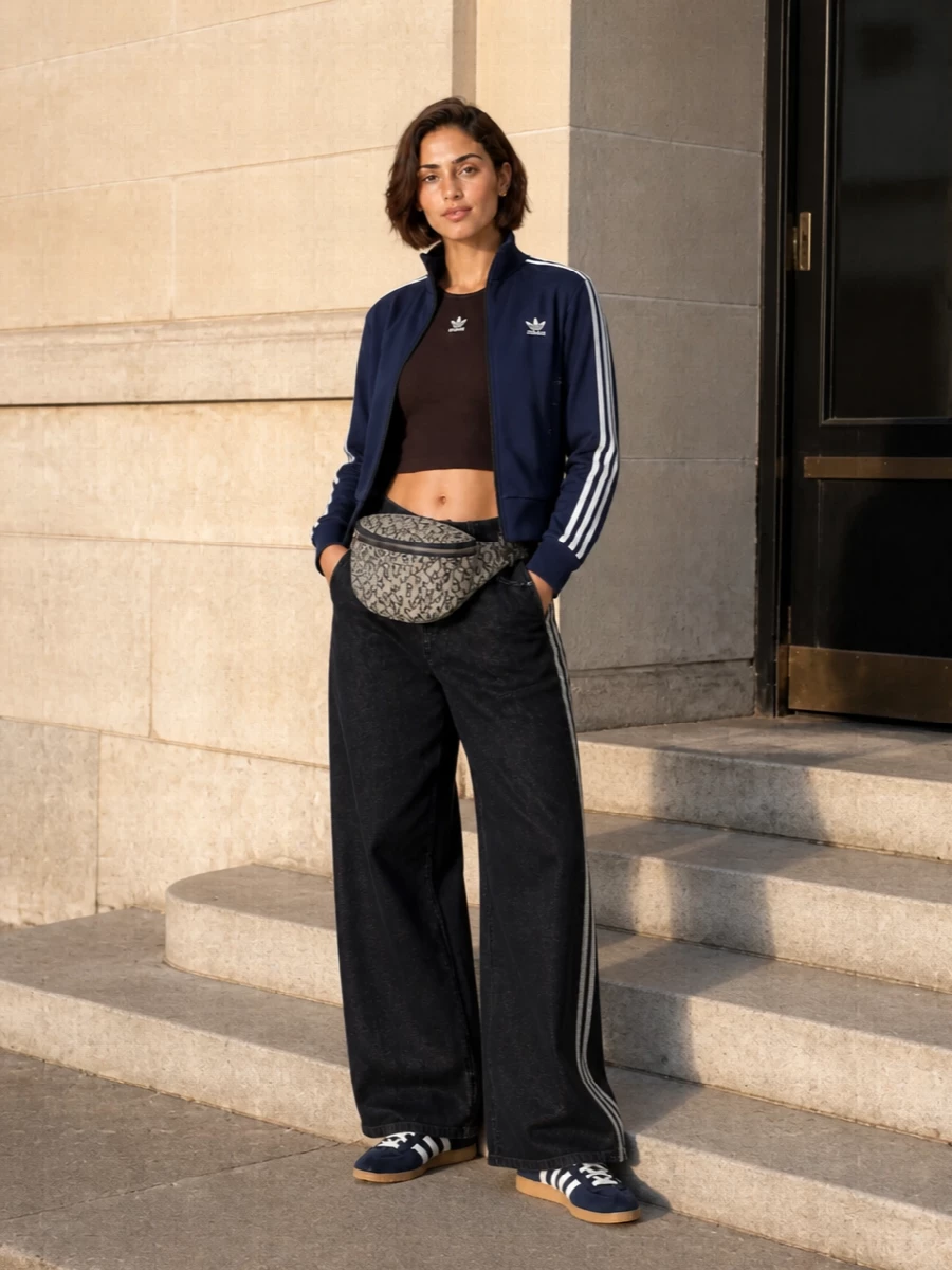 I am building around the track jacket with a coordinated top and bottom rather than a dress, so the stripes and proportions read intentional instead of competing with a separate one-piece. The cropped ribbed tank and wide-leg striped denim create a clean, elongated sport line, while navy runners and a monogram belt bag pull in that slightly preppy, tennis-club energy. It feels like a modern city take on archive sportswear, relaxed but considered from collar to cuff.