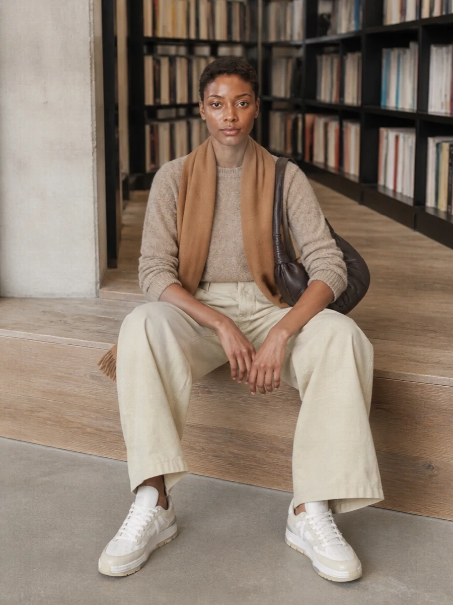 Auralee camel sweater wide leg trousers outfit