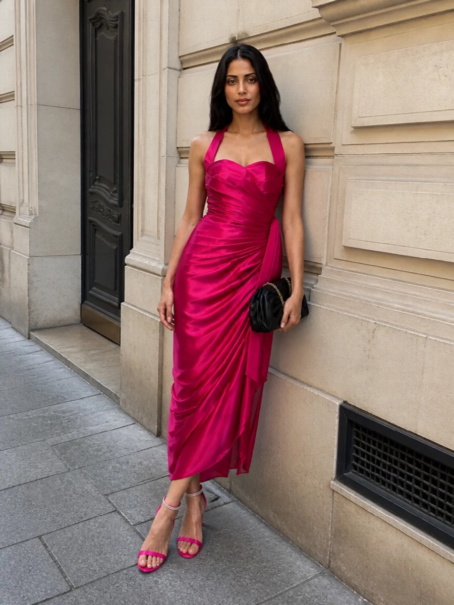 Fuchsia satin evening gown crystal sandals